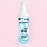 A 200g pump bottle of Birdwing Urea Body Cream, featuring a white bottle with a blue and white graphic design and black text, set against a solid light pink background.