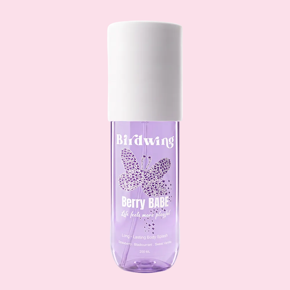 A 200ml bottle of Birdwing Berry BABC lip, nose, and hand wash. The product features a translucent light purple bottle with a white cap, decorated with a purple rhinestone butterfly graphic and white text.