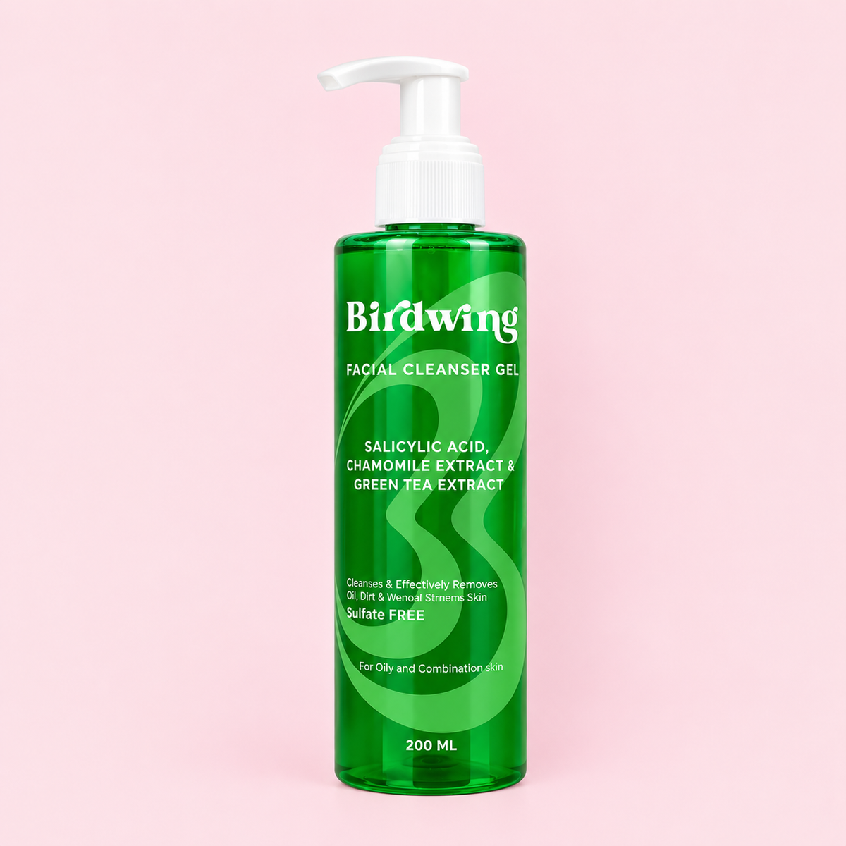 A 200 ml pump bottle of Birdwing Facial Cleanser Gel, featuring a translucent green bottle and a white pump dispenser, set against a solid light pink background.